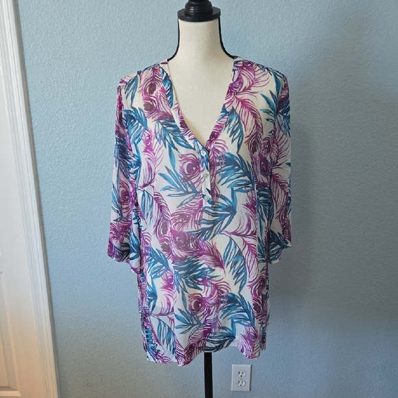 TOMMY BAHAMA Tropical Tunic Top Blouse Cover Up V Neck Button Closure SZ LARGE - Picture 1 of 12